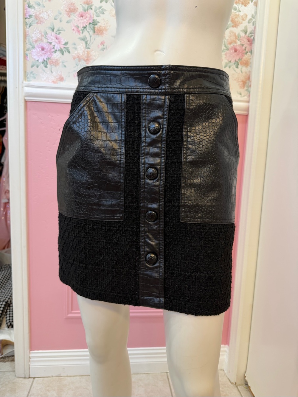 Christian Lacroix Black Mixed-Media Button-Front Mini Skirt